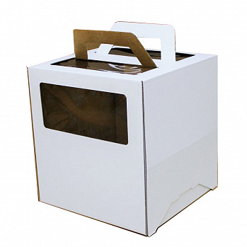 Коробка для торта с ручкой 26х26х28 см, 3 окна (белая)