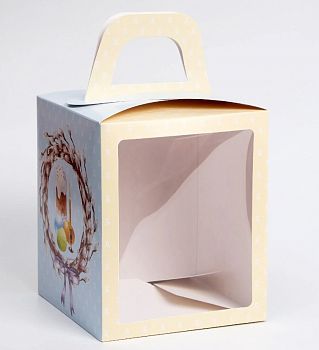 Коробка под кулич с окном с фронтальной загрузкой, Верба, 15 х 15 х 18 см
