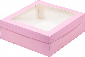 Коробка для зефира, тортов и пирожных со съёмной крышкой и окном 20 х 20 х 7 см (розовая мат.)