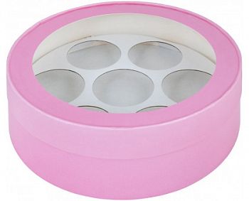 Коробка для 7 макарон ШЛЯПНАЯ с окном и ложементом (круглые ячейки) d-20 cм, h-6 см (розовая матовая)