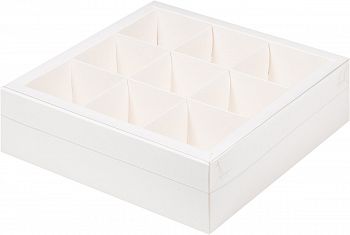 Коробка под ассорти десертов с пластиковой крышкой 240*240*70 мм (9 ячеек) (белая)