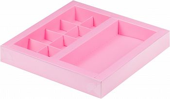Коробка с пласт.крышкой для конфет 200*200*30мм (8) + для шоколад.плитки 160*80 мм (розовая матовая)