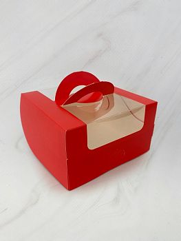 Коробка под мини-торт с ручкой и окном с окном 14*14*8 см, красная