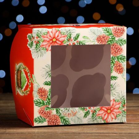 Упаковка на 4 капкейков с окном "Рождество", 16 х 16 х 10 см