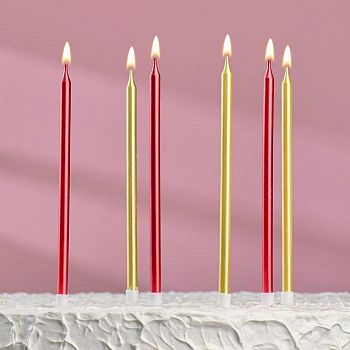 Свечи в торт "С днём рождения", 6 шт, высокие, бордовые+золотые