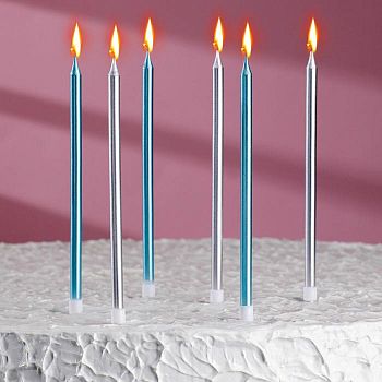Свечи в торт "С днём рождения", 6 шт, высокие, серебро+голубые