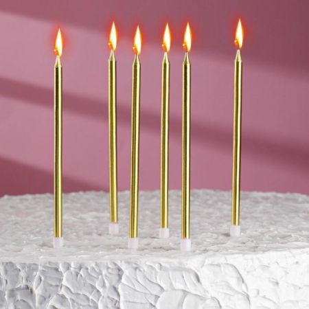 Свечи в торт "Ройс", 6 шт, высокие, 13 см, золотой металлик