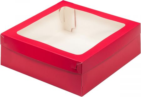 Коробка для зефира, тортов и пирожных со съёмной крышкой и окном 20 х 20 х 7 см (красная мат.)