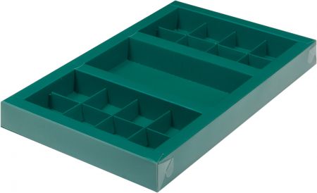 Коробка с пласт.крышкой для конфет 300*195*30 мм (8+8) + для шоколад.плитки 160*80 мм (зеленая мат.)