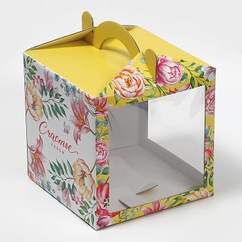 Коробка кондитерская с окном, сундук, «Акварельные цветы» 20 х 20 х 20 см