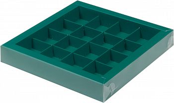 Коробка для конфет с пластиковой крышкой 200*200*30 (16) (зеленая матовая)