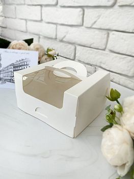 Коробка под мини-торт с ручкой и окном с окном 14*14*8 см, белая