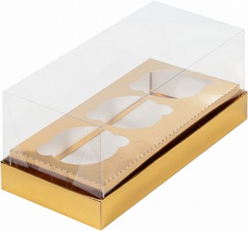 Коробка под капкейки ПРЕМИУМ с прозрачным куполом и ложементом 240*110*100 мм (3) (золото)